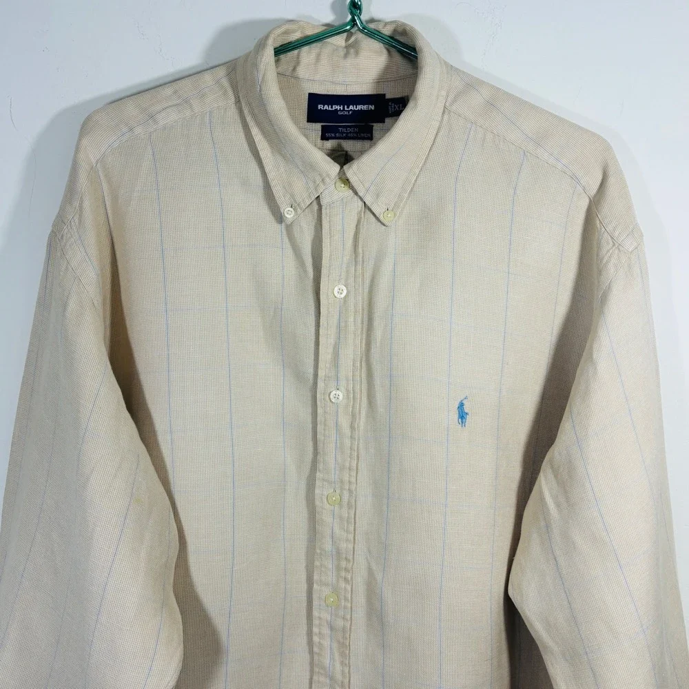 VTG Ralph Lauren Tilden Silk Linen Windowpane Cream Button Down Golf Shirt XL - Picture 2 of 8